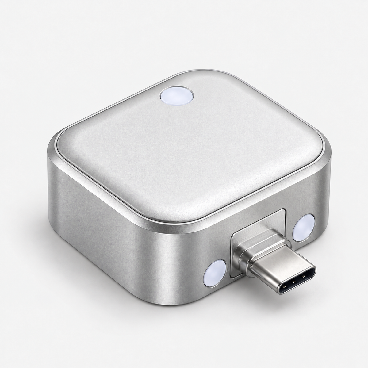 FikMark 140W USB-C auto shut-off charging adapter in silver aluminum