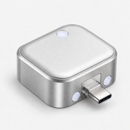 FikMark 140W USB-C auto shut-off charging adapter in silver aluminum