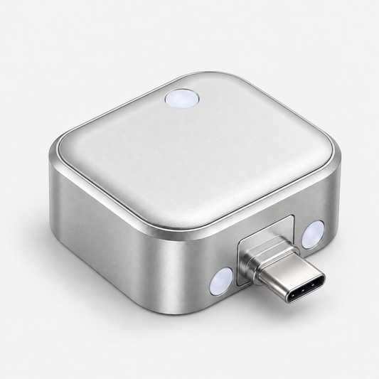 FikMark 140W USB-C auto shut-off charging adapter in silver aluminum