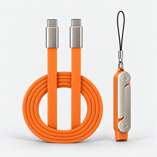 FikMark 240W USB-C to USB-C flat cable in orange with the folding phone stand adapter