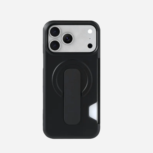 FikMark leather-feel magnetic iPhone case with card slot and kickstand in black, back view