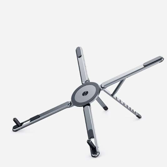 FikMark magnetic aluminum folding stand in gunmetal gray, unfolded