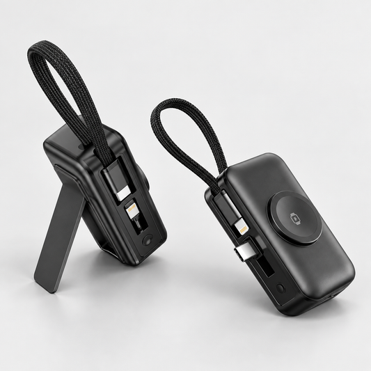 FikMark 3-in-1 mini power bank with watch charger in black, front and back view with kickstand