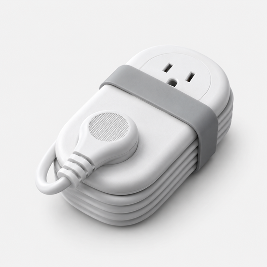 FikMark compact travel power strip in white with the cord wrapped and strap secured